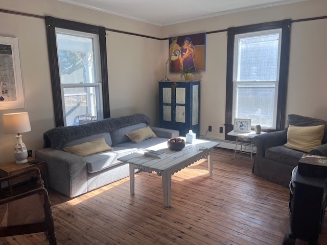 living room with a baseboard heating unit, hardwood / wood-style flooring, a wealth of natural light, and ornamental molding