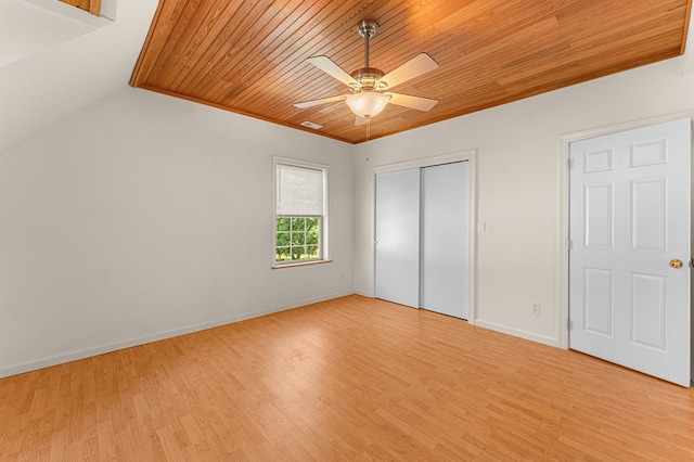 9333 Red Bank Rd, Nassawadox, VA 23413 - unfurnished bedroom featuring wooden ceiling, light wood-style flooring, a closet, baseboards, and ceiling fan