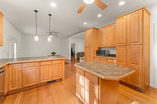 9333 Red Bank Rd, Nassawadox, VA 23413 - kitchen featuring ceiling fan, stainless steel appliances, light wood-style flooring, recessed lighting, and hanging light fixtures