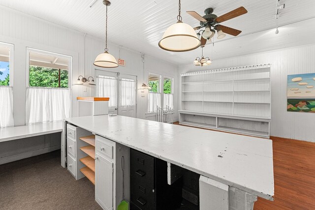 9333 Red Bank Rd, Nassawadox, VA 23413 - kitchen featuring plenty of natural light, open shelves, ceiling fan, and hanging light fixtures