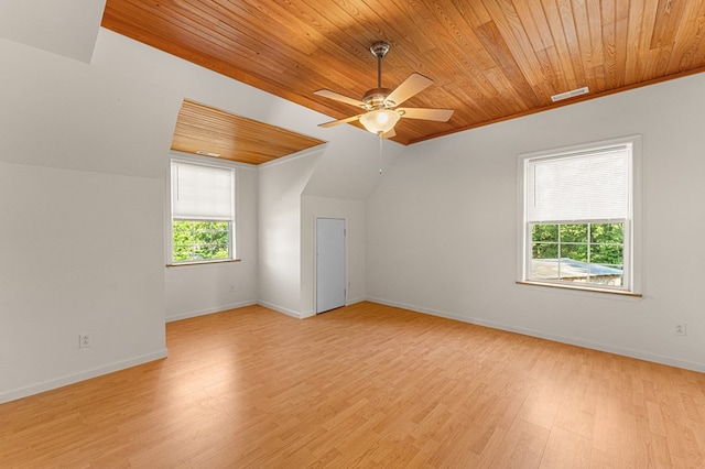 9333 Red Bank Rd, Nassawadox, VA 23413 - additional living space featuring wooden ceiling, ceiling fan, light wood-style flooring, baseboards, and lofted ceiling
