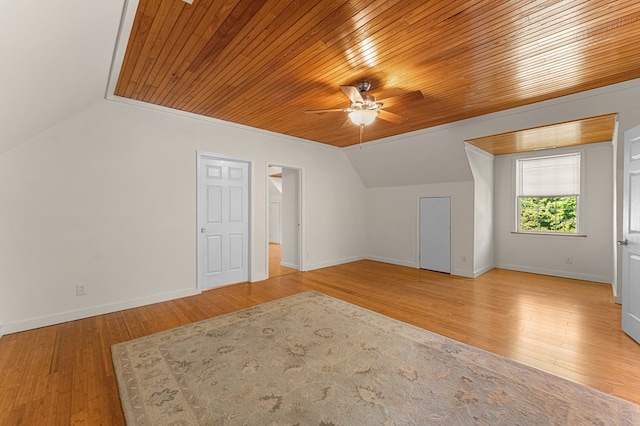9333 Red Bank Rd, Nassawadox, VA 23413 - additional living space with ceiling fan, vaulted ceiling, wooden ceiling, wood finished floors, and baseboards