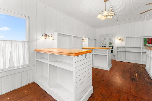 9333 Red Bank Rd, Nassawadox, VA 23413 - kitchen with open shelves, hardwood / wood-style flooring, butcher block counters, a ceiling fan, and hanging light fixtures