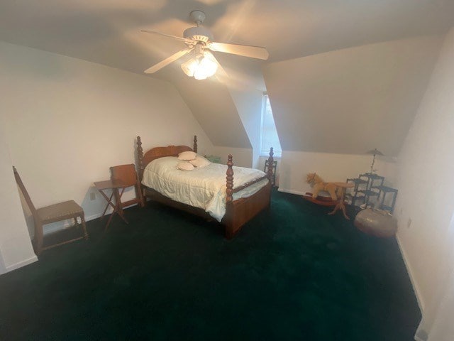 carpeted bedroom featuring ceiling fan and lofted ceiling