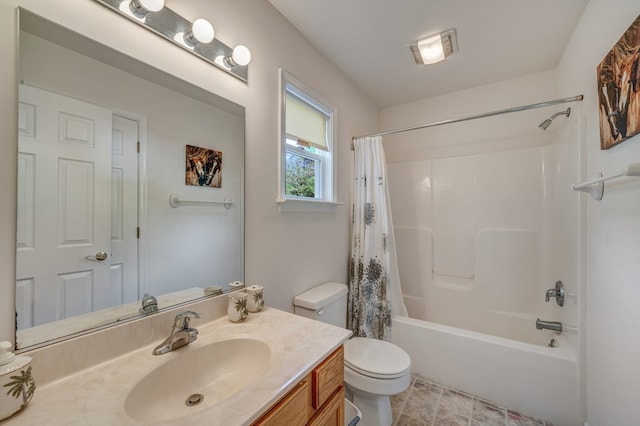 full bathroom with vanity, shower / bathtub combination with curtain, and toilet