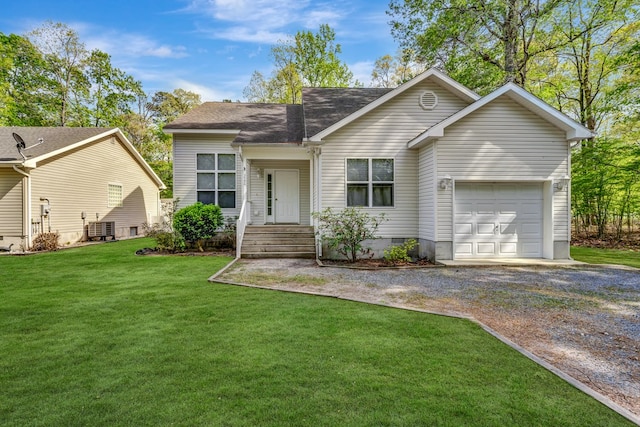 ranch-style home with crawl space, driveway, a front yard, and a garage