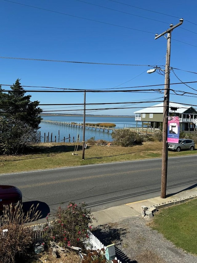 view of street with a water view