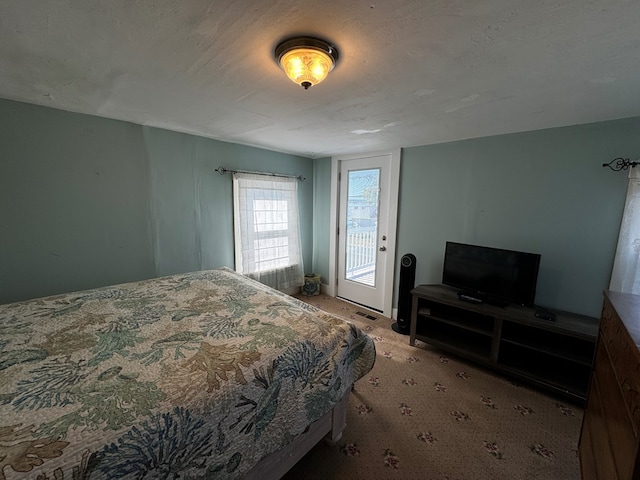 bedroom featuring access to exterior, light carpet, and a textured ceiling