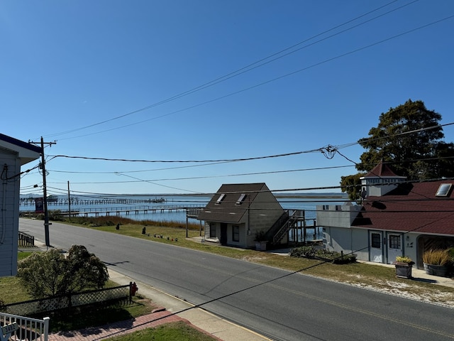 view of street with a water view