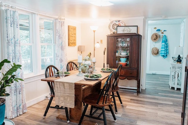 dining room with crown molding and light hardwood / wood-style floors