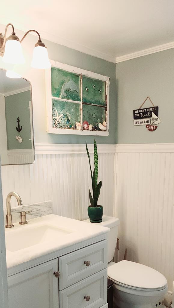 bathroom with vanity, toilet, and crown molding