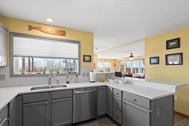 kitchen with backsplash, gray cabinetry, a peninsula, stainless steel dishwasher, and a sink