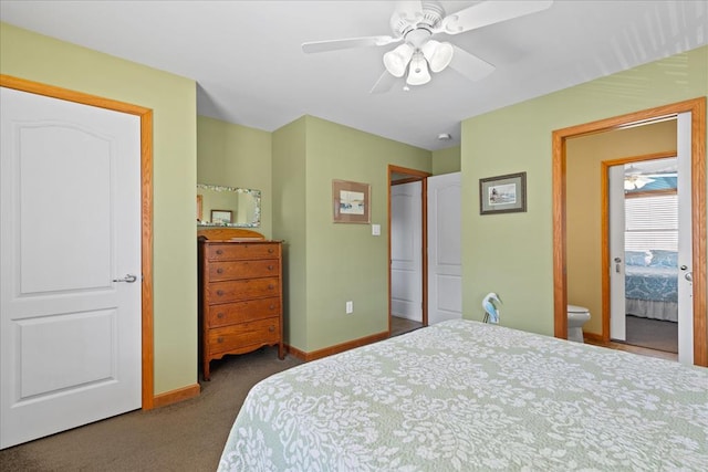 carpeted bedroom with baseboards and ceiling fan