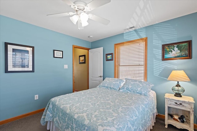 bedroom with visible vents, baseboards, a ceiling fan, and carpet flooring