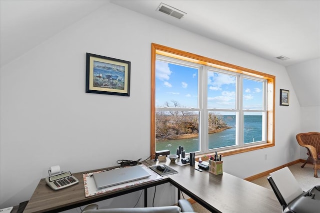 carpeted home office with baseboards, visible vents, a water view, and lofted ceiling