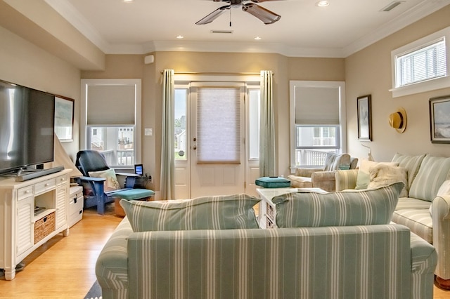 510 Plum St, Cape Charles, VA 23310 - living room featuring visible vents, ceiling fan, light wood-style flooring, and recessed lighting