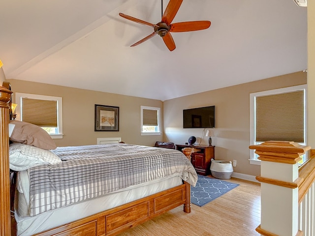 510 Plum St, Cape Charles, VA 23310 - bedroom featuring lofted ceiling, light wood-style floors, a ceiling fan, and baseboards