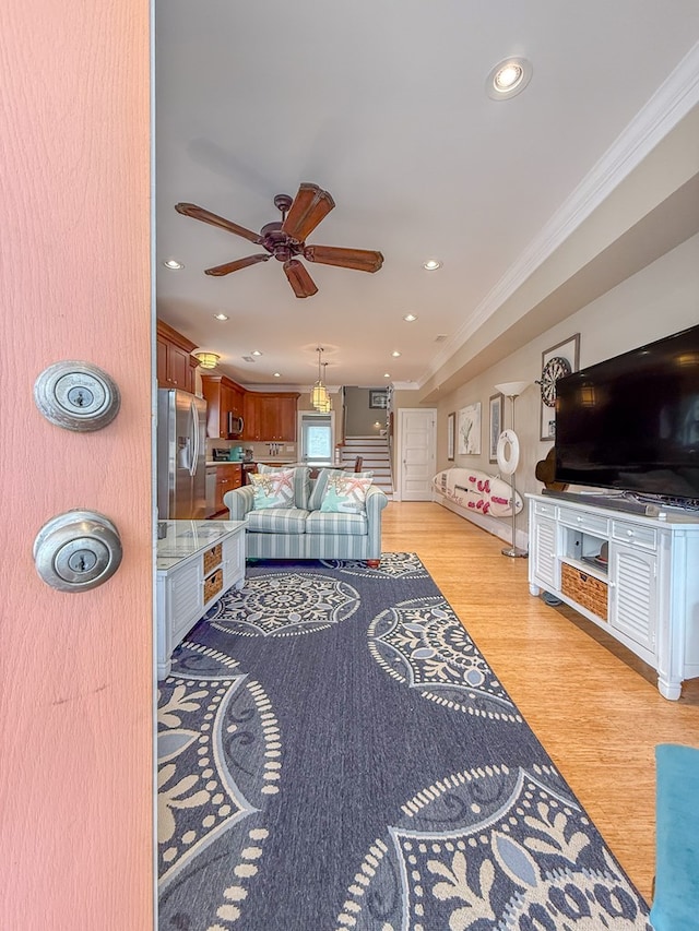 510 Plum St, Cape Charles, VA 23310 - living area featuring ornamental molding, light wood finished floors, recessed lighting, and ceiling fan