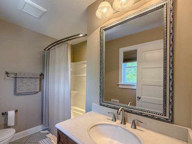 510 Plum St, Cape Charles, VA 23310 - full bathroom with visible vents, tile patterned flooring, toilet, vanity, and curtained shower