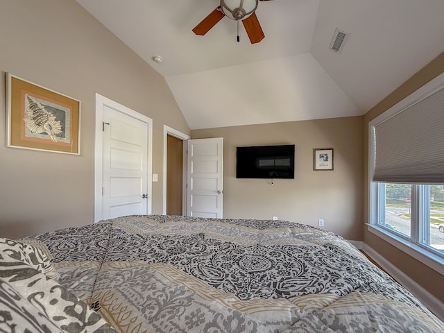 510 Plum St, Cape Charles, VA 23310 - bedroom featuring visible vents, a ceiling fan, vaulted ceiling, and baseboards