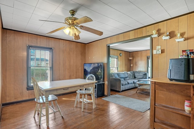 dining area with wooden walls, a wealth of natural light, and ceiling fan