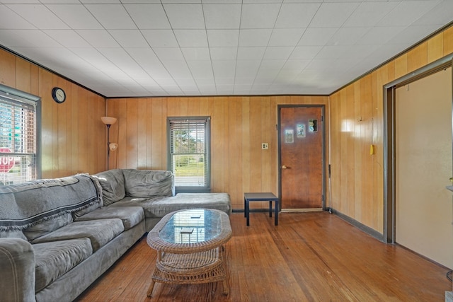 living area with wood walls and hardwood / wood-style flooring