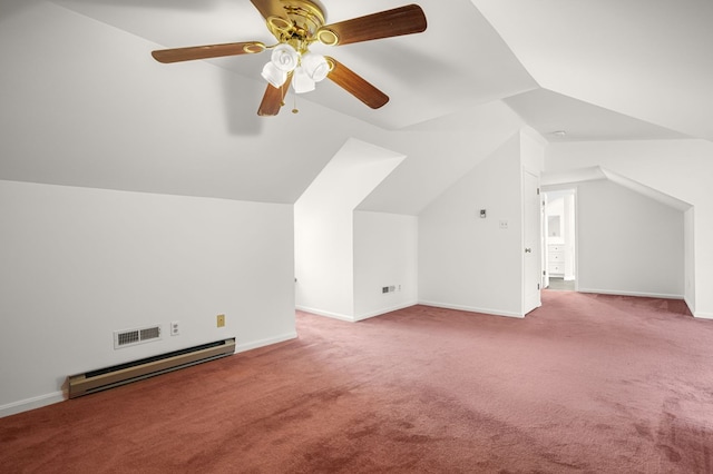 bonus room with vaulted ceiling, light carpet, and baseboard heating