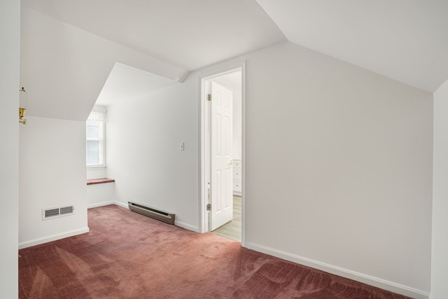 bonus room featuring a baseboard radiator, lofted ceiling, and carpet