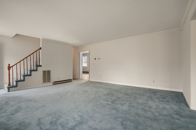 unfurnished living room with a baseboard radiator, ornamental molding, and carpet flooring