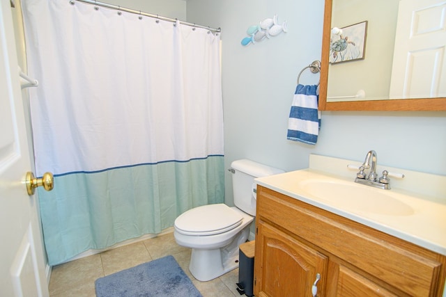6545 Occohannock Neck Rd, Exmore, VA 23350 - bathroom featuring curtained shower, toilet, vanity, and tile patterned flooring
