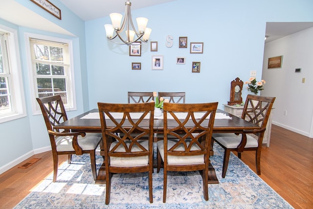 6545 Occohannock Neck Rd, Exmore, VA 23350 - dining space featuring a chandelier, visible vents, baseboards, and wood finished floors