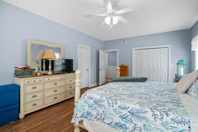 bedroom featuring dark hardwood / wood-style flooring, ceiling fan, and a closet