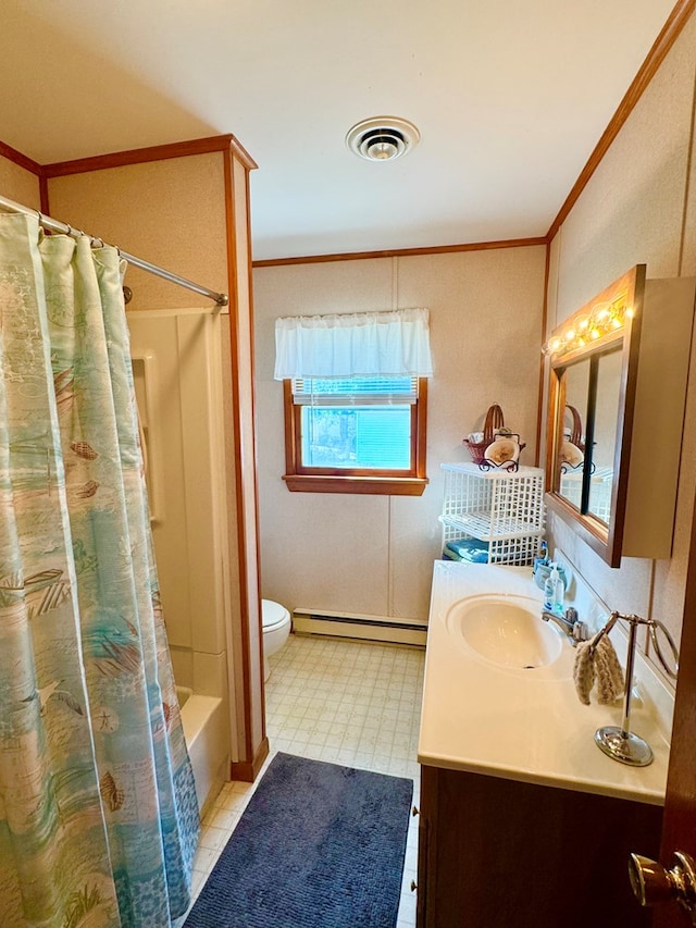 3434 Willow St, Chincoteague, VA 23336 - bathroom featuring a baseboard radiator, ornamental molding, vanity, toilet, and shower / tub combo with curtain