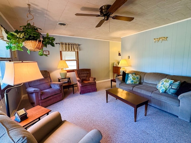 3434 Willow St, Chincoteague, VA 23336 - living room with carpet floors, ceiling fan, crown molding, and wooden walls