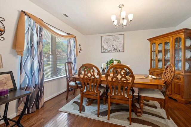 dining space with wood-type flooring, a healthy amount of sunlight, and a notable chandelier