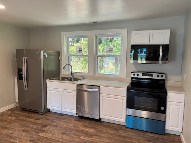 kitchen with white cabinets, dark hardwood / wood-style flooring, stainless steel appliances, and sink