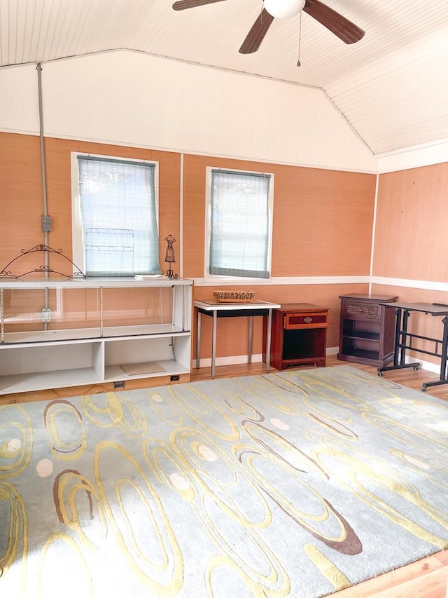 miscellaneous room featuring lofted ceiling and ceiling fan