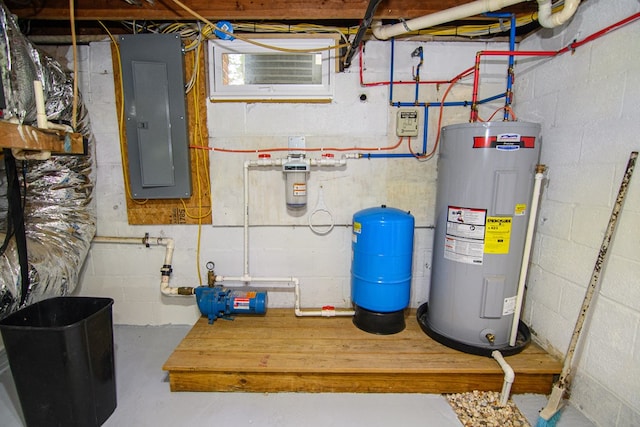 utility room with electric panel and water heater