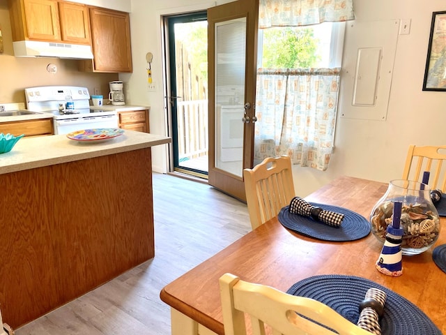 kitchen with white range, electric panel, and light hardwood / wood-style flooring