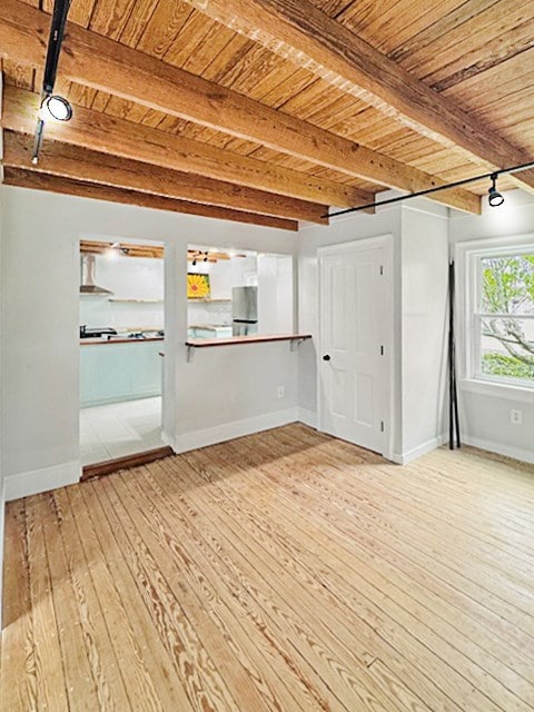 4169 Main St, Chincoteague, VA 23336 - unfurnished living room featuring light wood-style flooring, baseboards, and wood ceiling with exposed beams