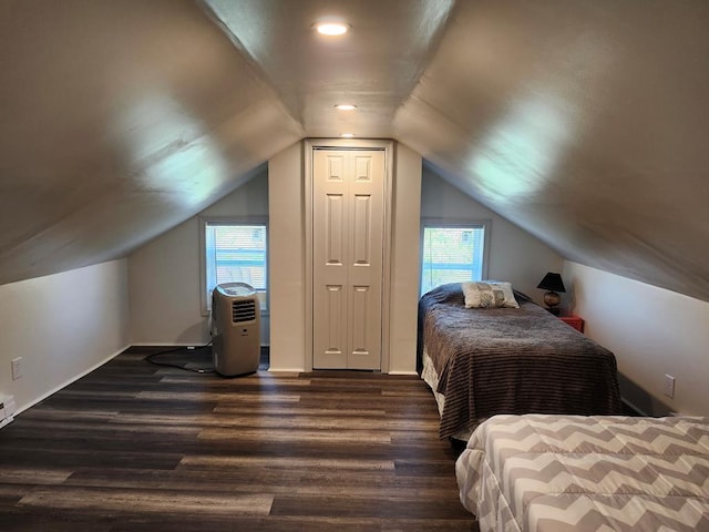 20164 Deep Creek Rd, Onancock, VA 23417 - bedroom featuring dark wood-style floors, lofted ceiling, multiple windows, baseboards, and recessed lighting