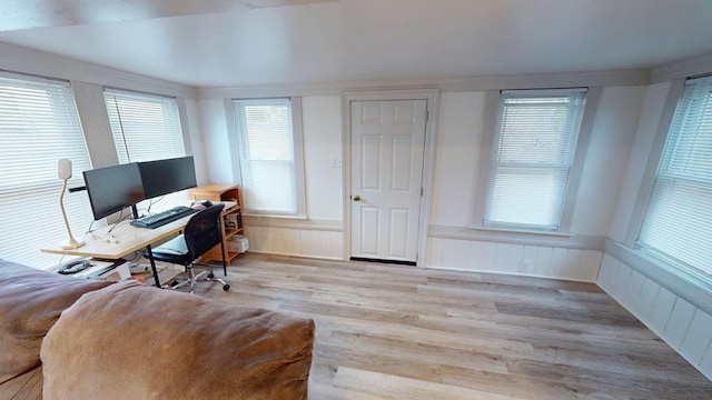 20164 Deep Creek Rd, Onancock, VA 23417 - office area featuring wood finished floors and a wainscoted wall