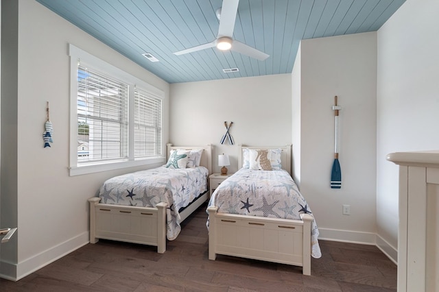 199 Old Course Loop, Cape Charles, VA 23310 - bedroom with wood finished floors, visible vents, wooden ceiling, baseboards, and ceiling fan