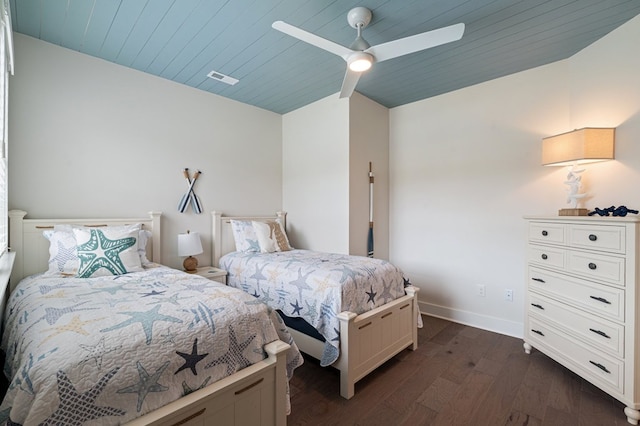 199 Old Course Loop, Cape Charles, VA 23310 - bedroom with dark wood finished floors, visible vents, baseboards, a ceiling fan, and wooden ceiling