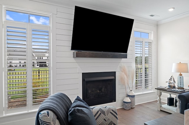 199 Old Course Loop, Cape Charles, VA 23310 - living room with visible vents, baseboards, wood finished floors, a fireplace, and ornamental molding