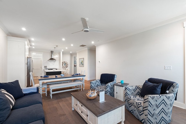 199 Old Course Loop, Cape Charles, VA 23310 - living room with recessed lighting, a ceiling fan, dark wood-type flooring, crown molding, and baseboards