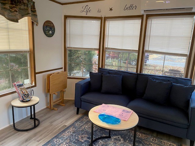 living room featuring crown molding, a healthy amount of sunlight, a wall mounted AC, and light wood-type flooring