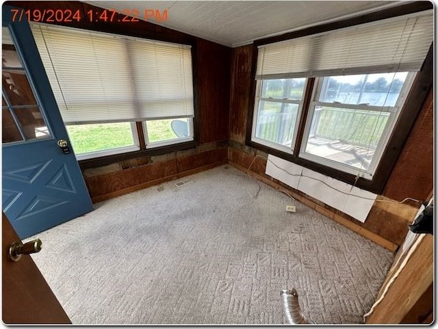 carpeted empty room featuring wood walls