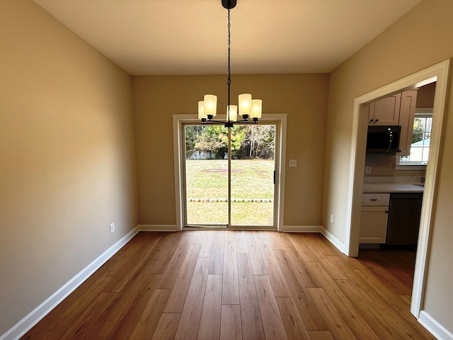 unfurnished dining area featuring a wealth of natural light, baseboards, and wood finished floors