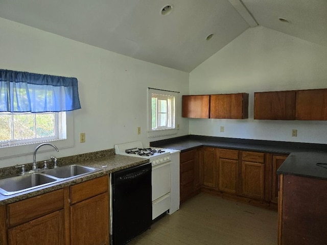 kitchen with sink, vaulted ceiling, light hardwood / wood-style flooring, white gas range, and dishwasher